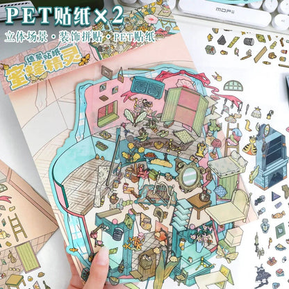 Colorful fairy-themed scene stickers with whimsical furniture and miniature objects for scrapbooking.