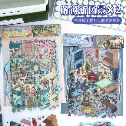 Colorful fairy and fantasy scene stickers featuring whimsical rooms and cozy miniature details.