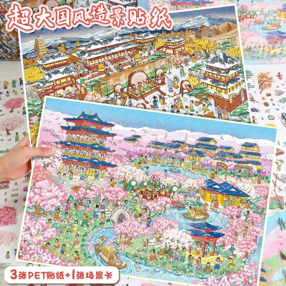 Hand holding illustrated scene stickers with traditional Chinese buildings, cherry blossoms, and people, ideal for journaling and scrapbooking.