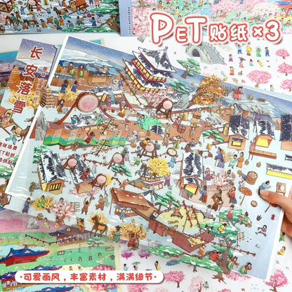 Colorful scene stickers with traditional Asian buildings, cherry blossoms, and lively spring festival activities.
