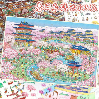 Colorful cherry blossom scene sticker set with people, boats, and traditional buildings