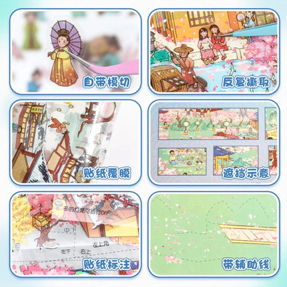 Cute scene stickers with spring, cherry blossoms, and cartoon characters for journaling crafts.