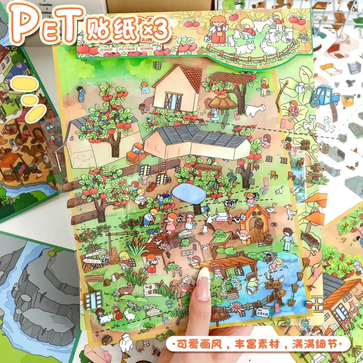 Cute animal farm adventure map PET stickers featuring farm animals, garden, house, and orchard.