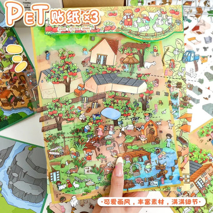 Cute animal farm adventure map PET stickers featuring farm animals, garden, house, and orchard.
