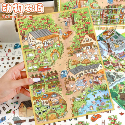 Colorful animal farm life adventure map sticker sheet with barns, animals, and farm scenes