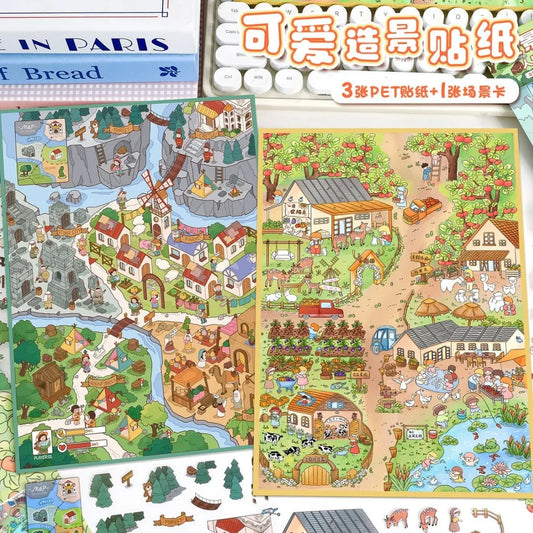 Cute animal farm adventure map stickers with colorful countryside scenes and playful animals.