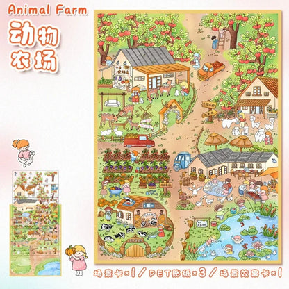 Colorful cartoon animal farm scene sticker sheet with barns, farm animals, gardens, and pond.