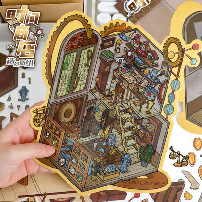 Hand holding whimsical scene sticker with vintage study room, books, stairs, and plants