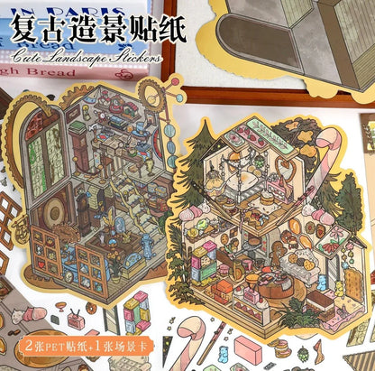 Cute illustrated landscape stickers featuring cozy miniature indoor and outdoor scenes.