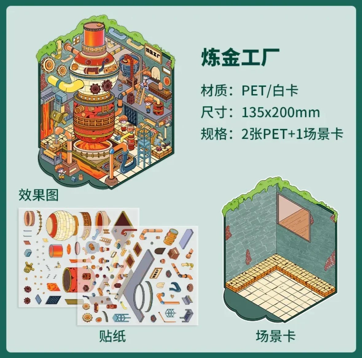 Miniature industrial factory scene sticker set with machinery, pipes, and assembly components.