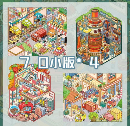Cute industrial-themed miniature stickers with factory, auto repair, snack shop and delivery scene