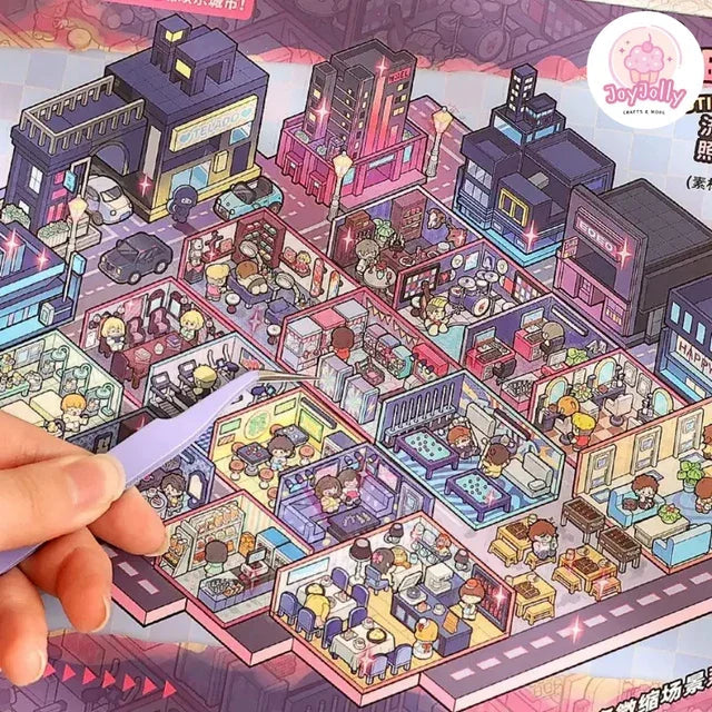 Hand placing sticker on colorful miniature city scene with buildings and tiny characters