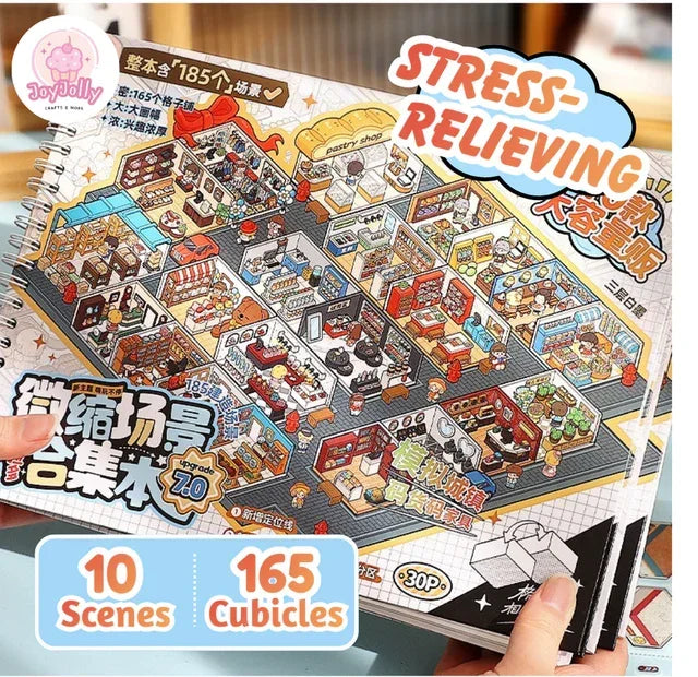 Hand holding a colorful miniature scene sticker book featuring various shop cubicles and rooms.