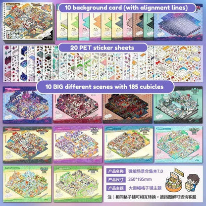 Miniature scene sticker sheets and background cards for journaling and scrapbooking