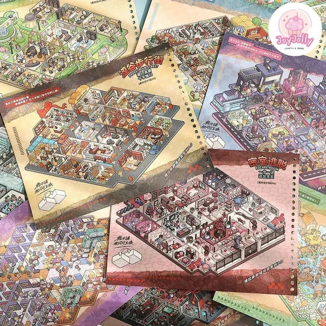 Colorful miniature scene sticker sheets featuring detailed cubicle and office designs.