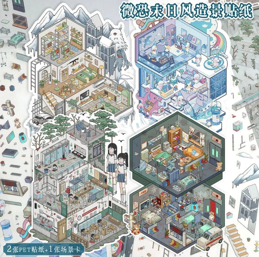 Fantasy scene sticker set featuring illustrated miniature rooms—ocean, hospital, school, and icy landscape themes, ideal for scrapbooking or journaling.