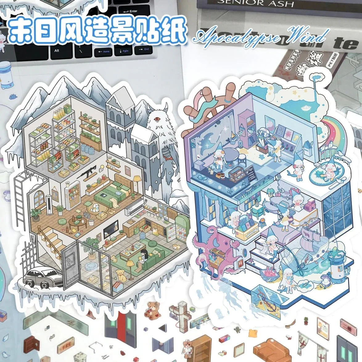 Cute fantasy ocean and winter-themed miniature scene stickers for journaling or scrapbooking.