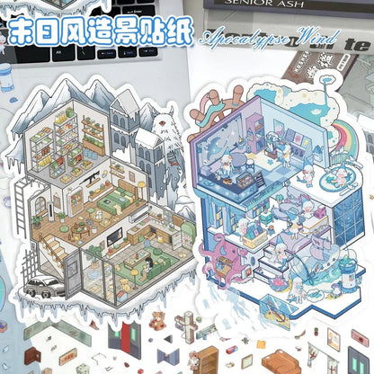 Cute fantasy ocean and winter-themed miniature scene stickers for journaling or scrapbooking.