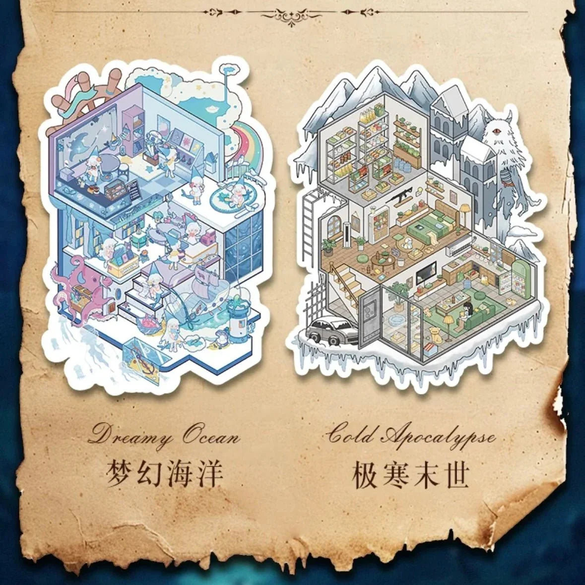 Fantasy scene stickers featuring a dreamy ocean-themed room and a cozy frozen apocalypse house