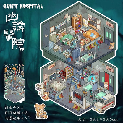 Cute illustrated hospital scene sticker set with teddy bears, medical rooms, and spooky details.