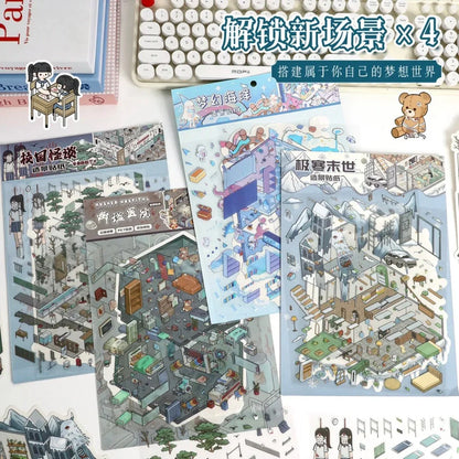 Fantasy-themed scene sticker sheets featuring ocean, campus, hospital, and winter apocalypse designs.