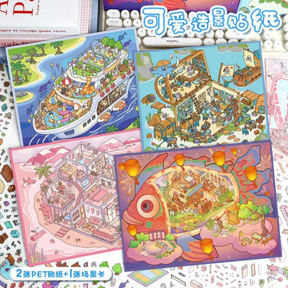 Cute illustrated scene stickers featuring a cruise ship, pirate island, fish-shaped house, and cozy interiors.