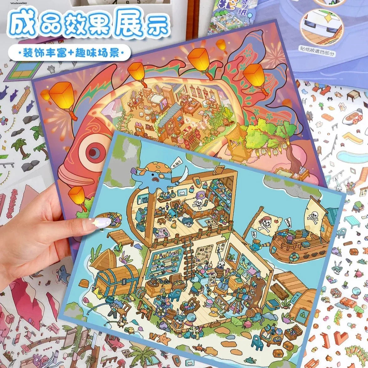 Hand holding pirate-themed miniature scene sticker sheets with cute animal characters and colorful details.