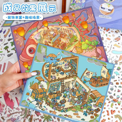 Hand holding pirate-themed miniature scene sticker sheets with cute animal characters and colorful details.