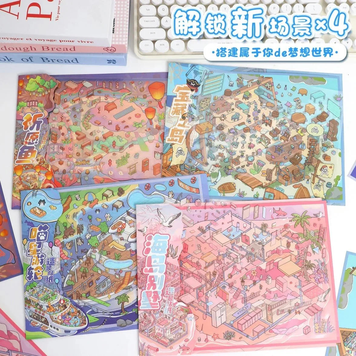 Colorful illustrated scene stickers with pirate, cruise, island, and wish fish themes for journaling.
