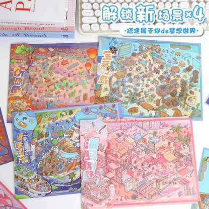 Colorful illustrated scene stickers with pirate, cruise, island, and wish fish themes for journaling.