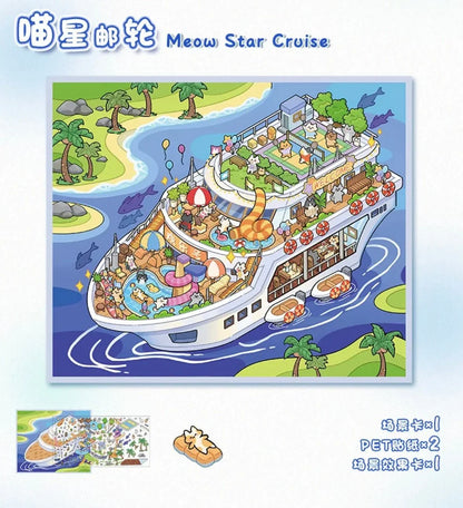 Cute cruise ship scene sticker featuring cartoon cats, tropical island, and playful details.