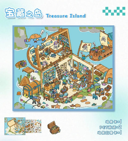 Cute pirate-themed miniature scene sticker set with island, treasure chest, and animal characters