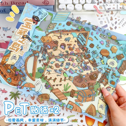Cute pirate island scene stickers with cats, treasure chests, ships, and colorful details.