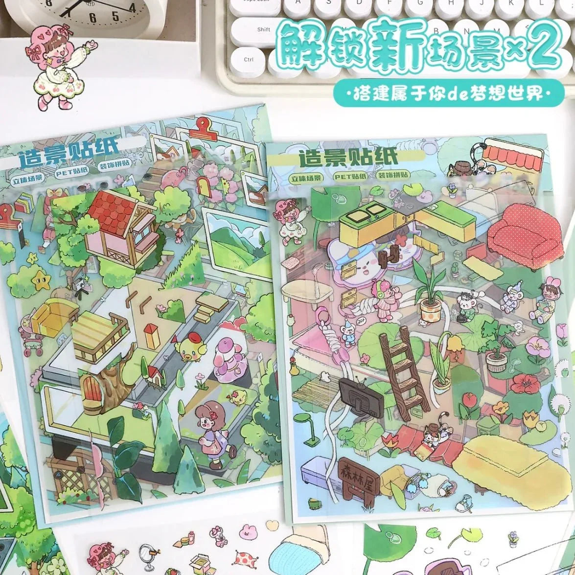 Cute miniature scene stickers with pastel cartoon animals and cozy rooms for journaling crafts
