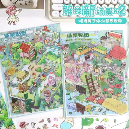 Cute miniature scene stickers with pastel cartoon animals and cozy rooms for journaling crafts