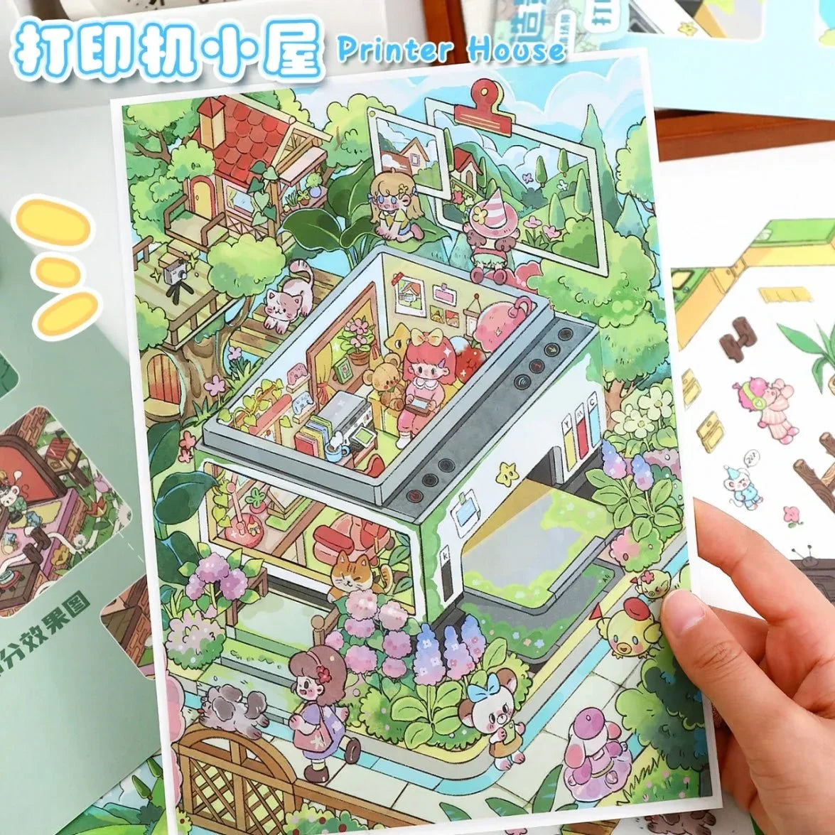 Cute animal characters in a colorful miniature printer house scene sticker sheet