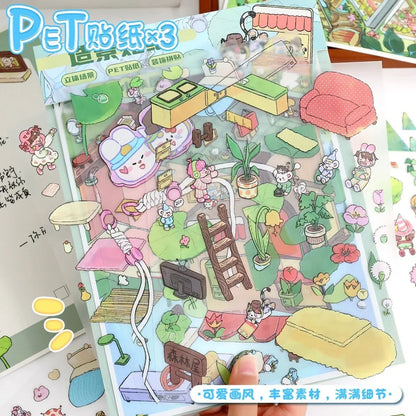 Cute PET scene stickers featuring mini cartoon animals, furniture, and garden elements for journaling.