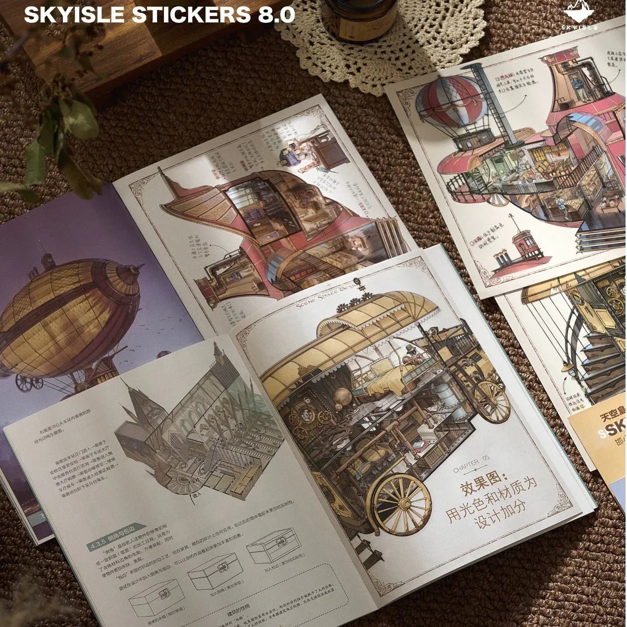Architect sketch style airship and steampunk studio illustrations on stationery sheets
