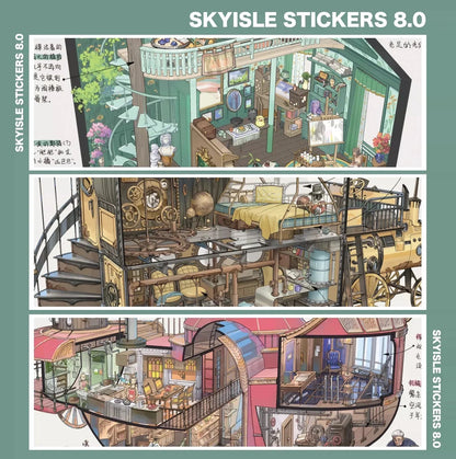 Architect sketch style stickers featuring whimsical airship rooms, garden studio, and cozy interiors.