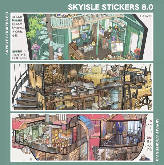 Architect sketch style stickers featuring whimsical airship rooms, garden studio, and cozy interiors.