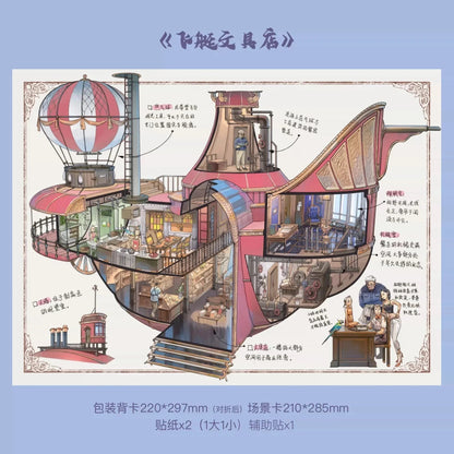 Architect sketch style illustration of a whimsical airship stationery shop with detailed interior rooms and characters, perfect for creative journaling or scrapbooking.
