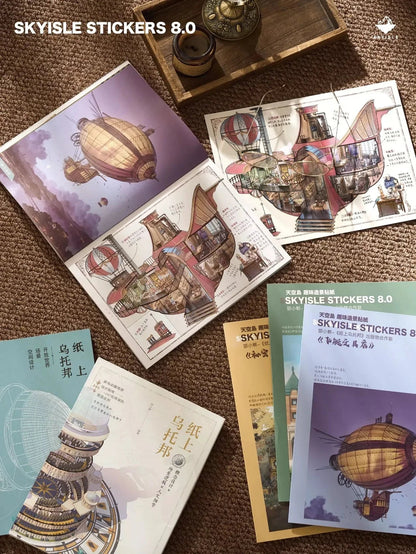 Architect sketch-style airship sticker books and illustrated stationery on carpet