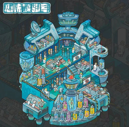 Colorful cartoon haunted laboratory sticker scene with scientists, creatures in jars, and spooky details