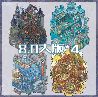 Set of four haunted miniature scene stickers, castle, aquarium, pyramid, and laboratory themes