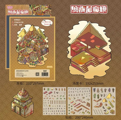 Miniature haunted pyramid scene sticker set with cut-out stickers and assembly guides.