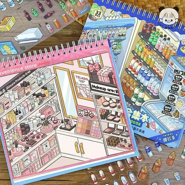 Miniature scene spiral notebooks featuring convenience store and makeup shop illustrated stickers.