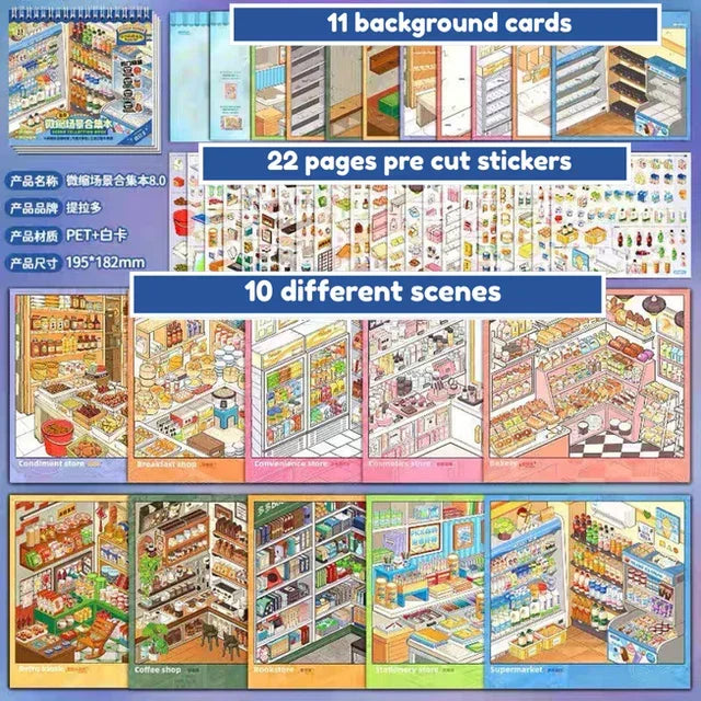 Miniature scene sticker collection with 11 background cards, 22 pre-cut sticker pages, and 10 illustrated store scenes for journaling and scrapbooking.