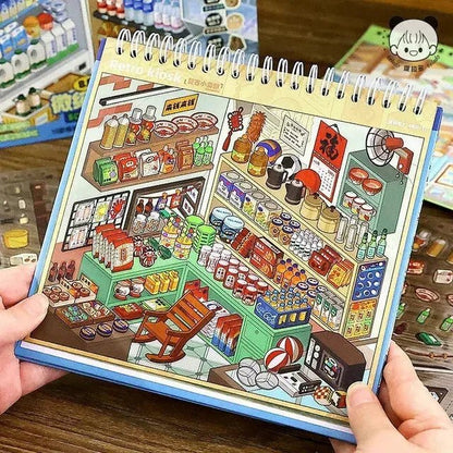 Colorful miniature scene sticker sheet showing a retro-style store with tiny food items and shelves.