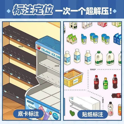 Miniature grocery scene stickers with shelves, fridge, drinks, and milk carton designs.