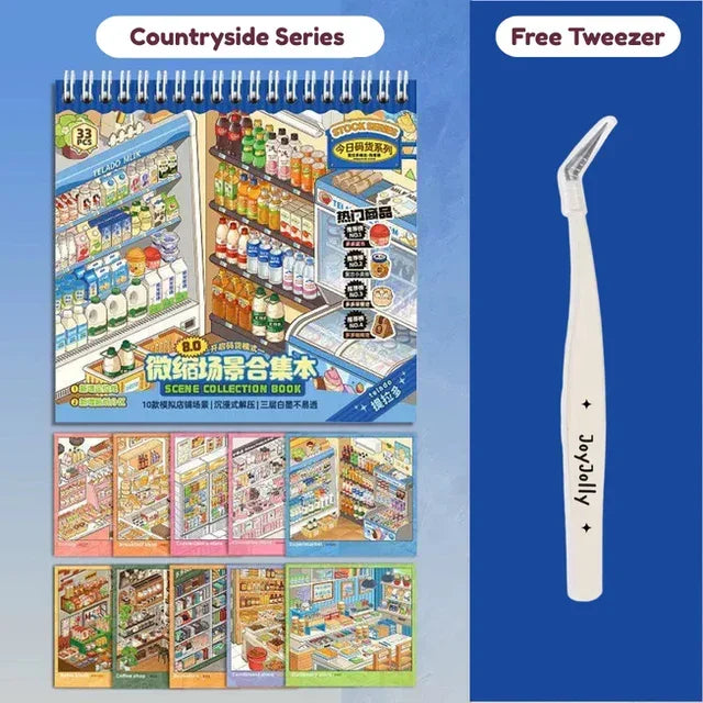 Miniature scene collection book with colorful grocery store stickers and free precision tweezer